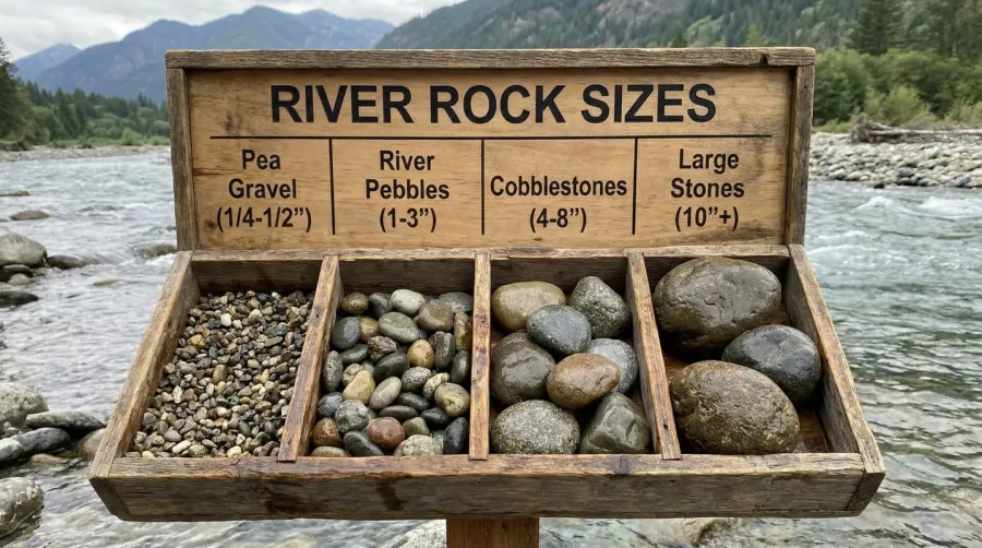 river rock sizes chart showing different sizes from pea gravel to large stones