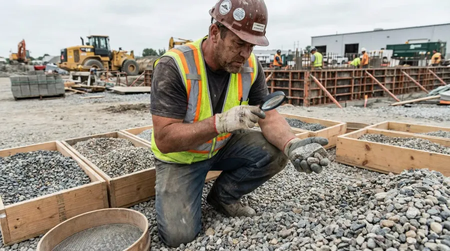 Construction worker examining different gravel sizes on construction site