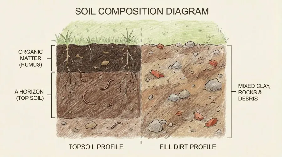 Cross section showing topsoil vs fill dirt layers