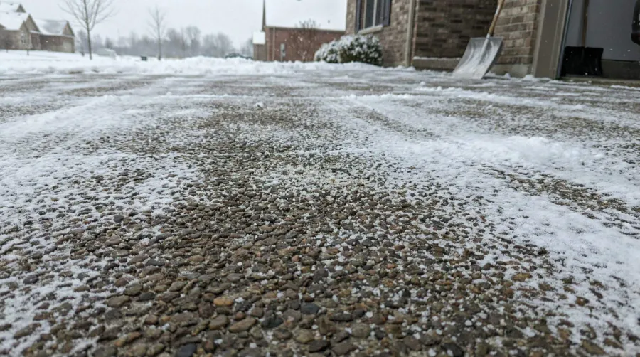 Exposed aggregate driveway with salt in winter scene