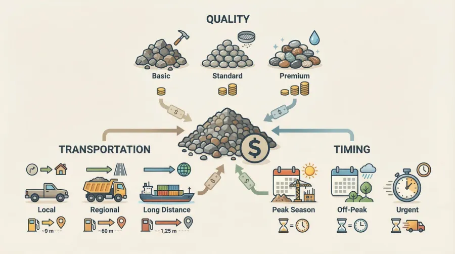infographic showing factors affecting drainage gravel pricing with cost impact percentages