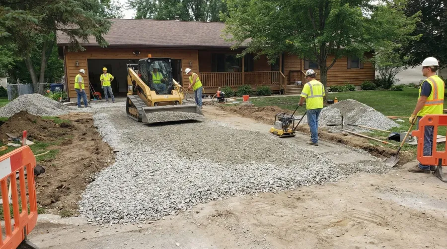 Driveway construction showing crushed concrete base installation