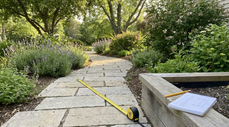 Limestone garden path with measuring tape showing calculation process