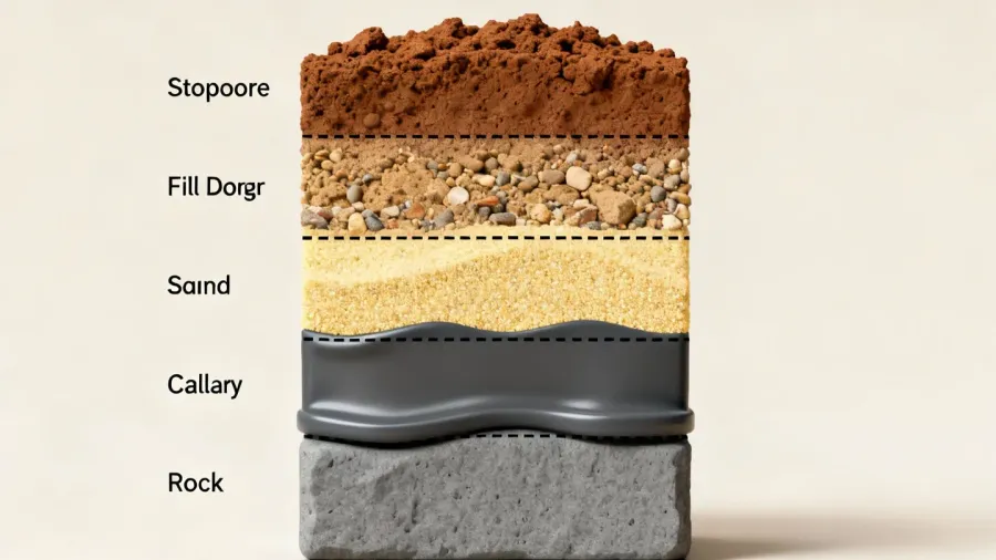 Cross section diagram showing fill dirt layers beneath topsoil with sand, clay, and rock composition