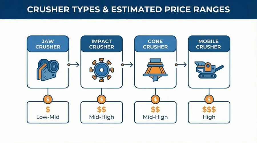 Comparison chart showing different crusher types with price ranges