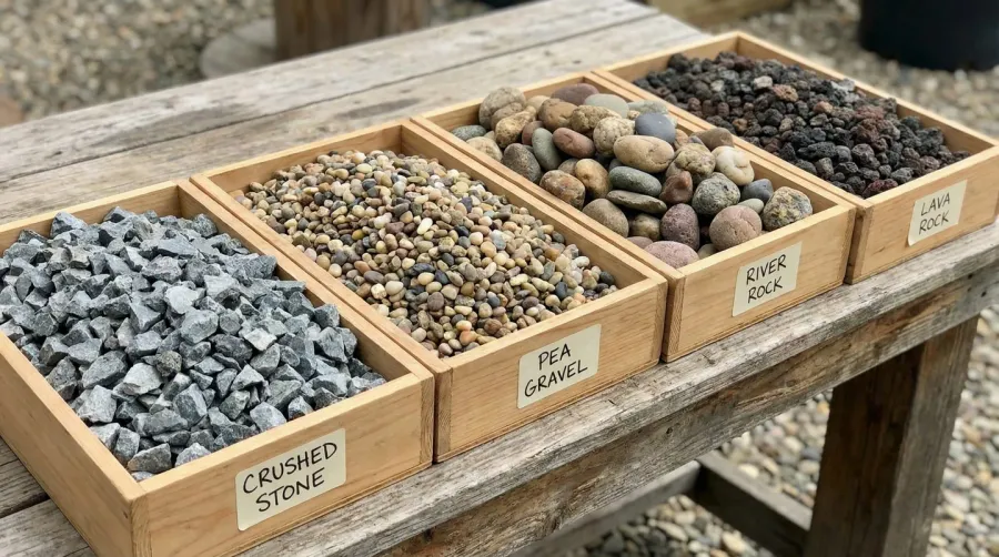 Various gravel types displayed - crushed stone, pea gravel, and river rock