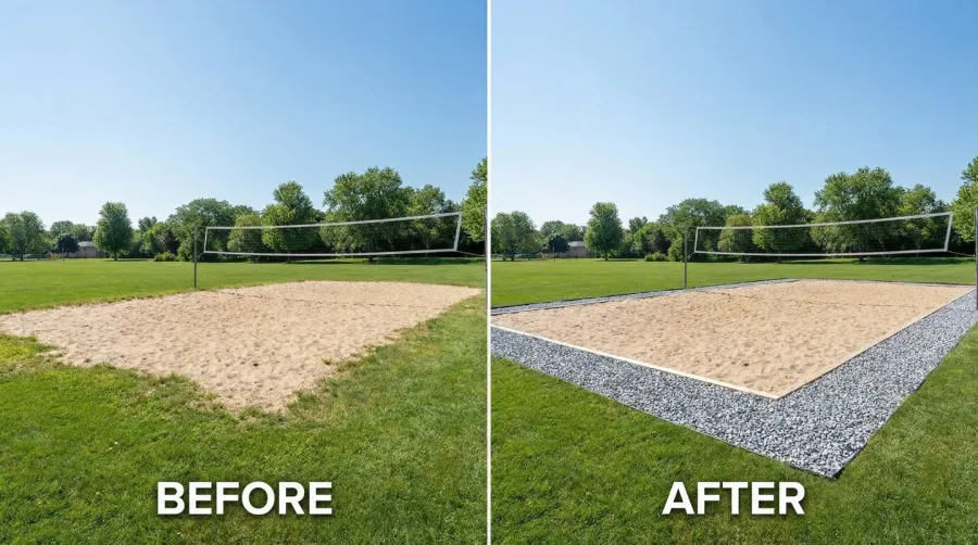 Before and after comparison showing volleyball court without border versus with crushed stone border