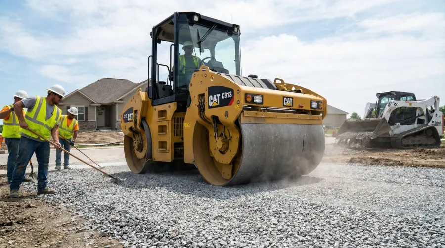 Crushed concrete driveway compaction process with roller equipment