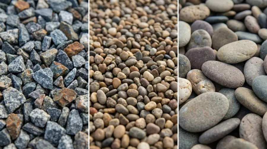 Close-up comparison of three types of gravel: angular crushed stone, smooth rounded pea gravel, and large decorative river rocks arranged in separate sections