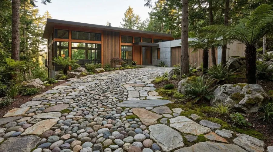Beautiful river rock driveway with natural stones leading to modern home