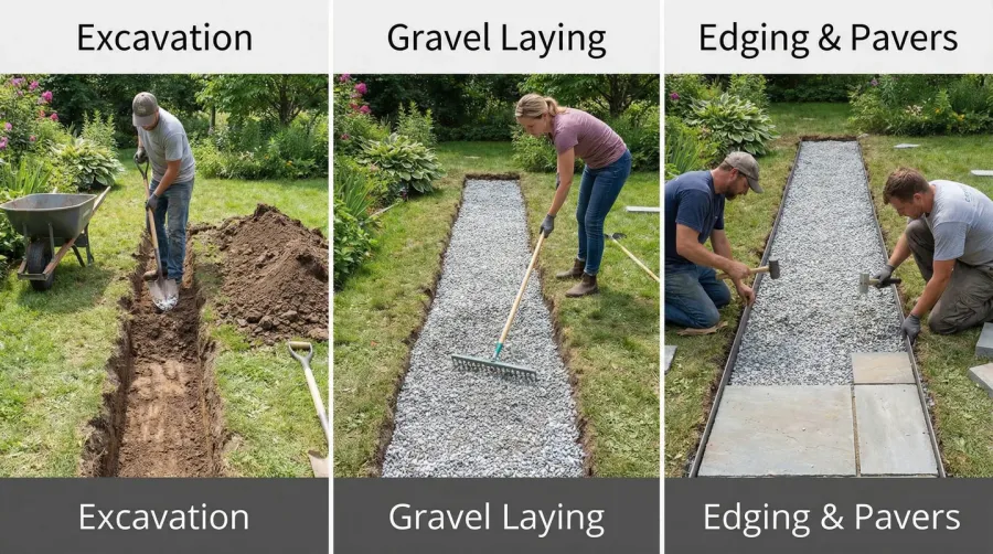 Step-by-step walkway installation showing excavation, gravel laying, and edging