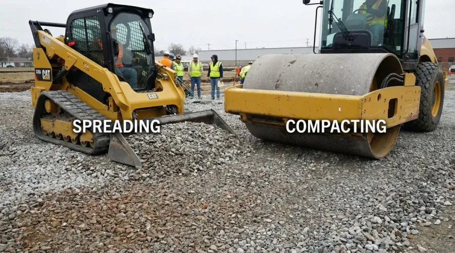 crushed concrete installation process showing spreading and compacting equipment
