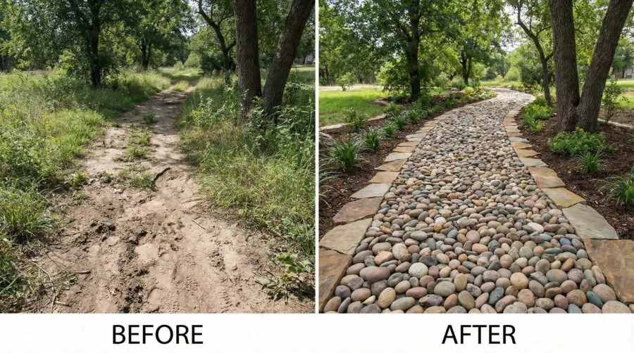 Before and after photos showing a plain dirt path transformed into an attractive river rock walkway