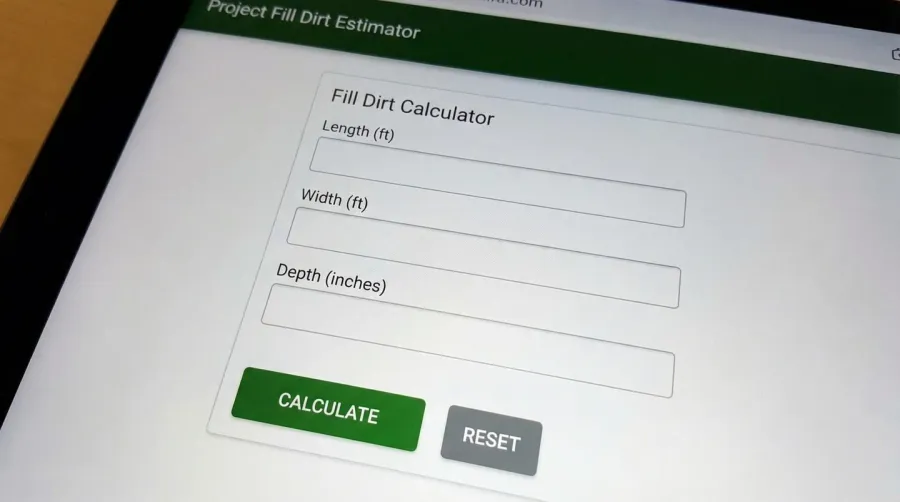 Fill dirt calculator tool interface showing input fields for length, width, and depth