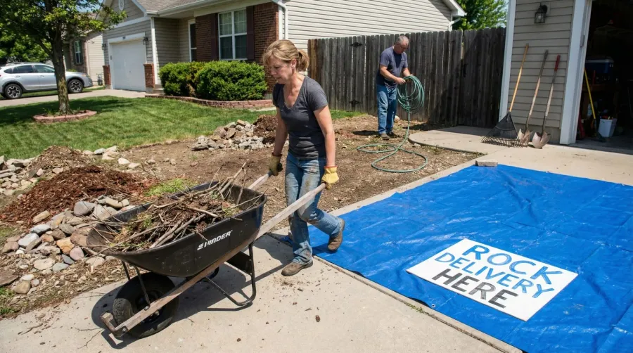 Homeowner preparing yard for landscape rock delivery and clearing obstacles