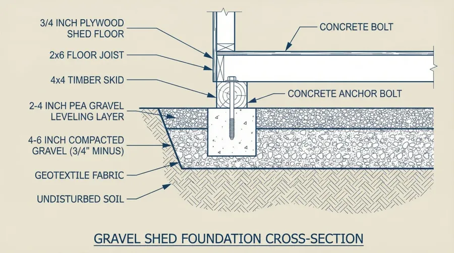 Cross-section diagram of gravel shed foundation showing layers and structure