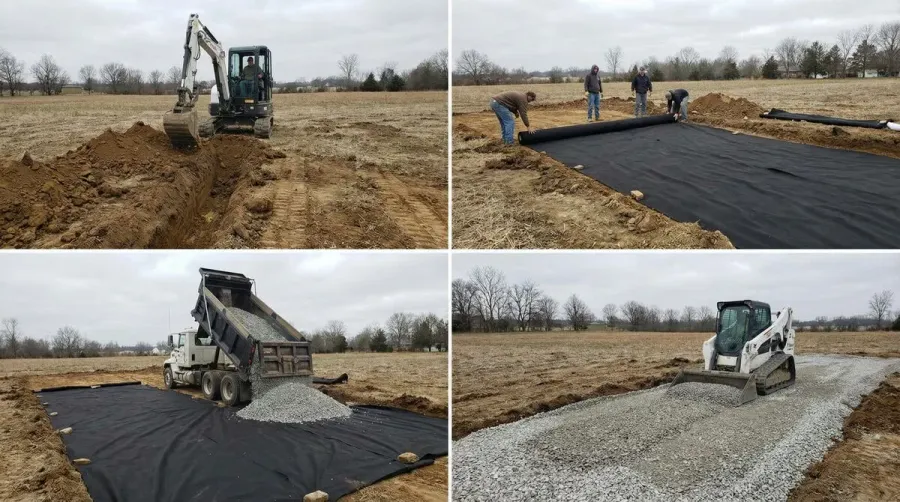 Step by step installation showing excavation fabric and rock placement