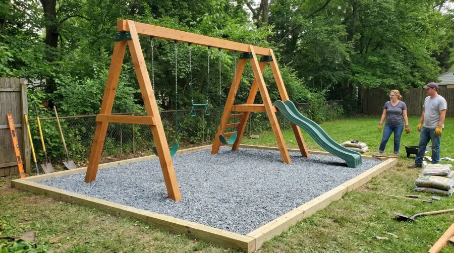 Playground equipment on crushed stone base showing proper installation