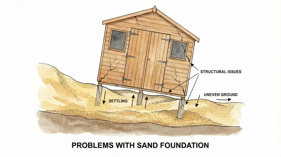 Illustration showing sand foundation settling problems and structural issues