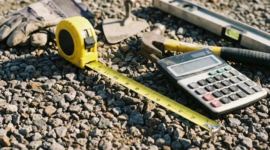 Measuring tape on gravel surface with calculator