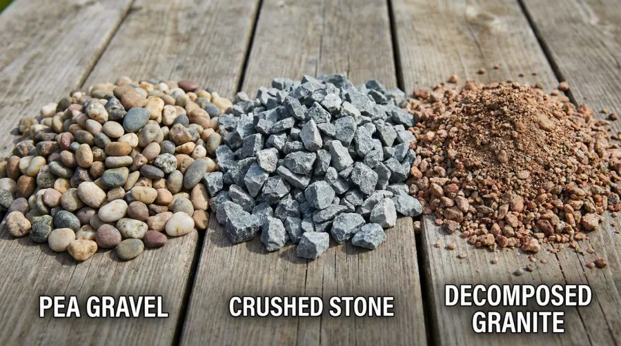 close-up comparison of different gravel textures showing pea gravel, crushed stone, and decomposed granite