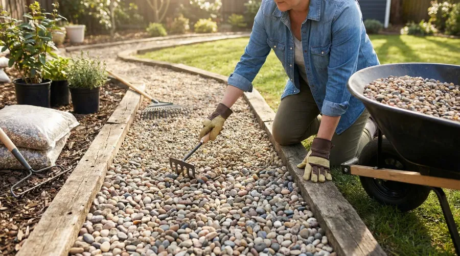 Decorative gravel installation in garden pathway