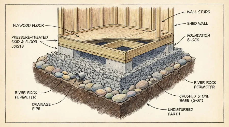 Cross-section diagram showing proper shed foundation layers with crushed stone base and river rock perimeter