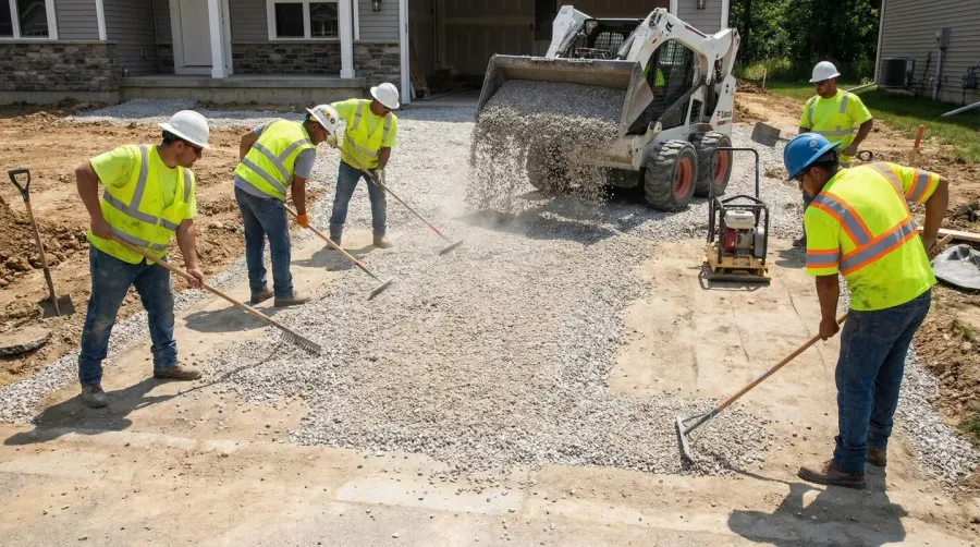 Limestone installation for driveway construction