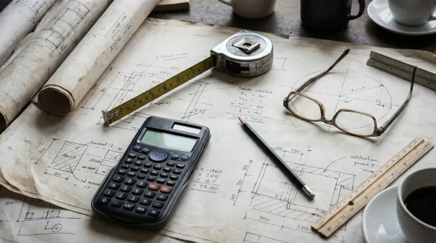 Measuring tape and calculator on construction plans