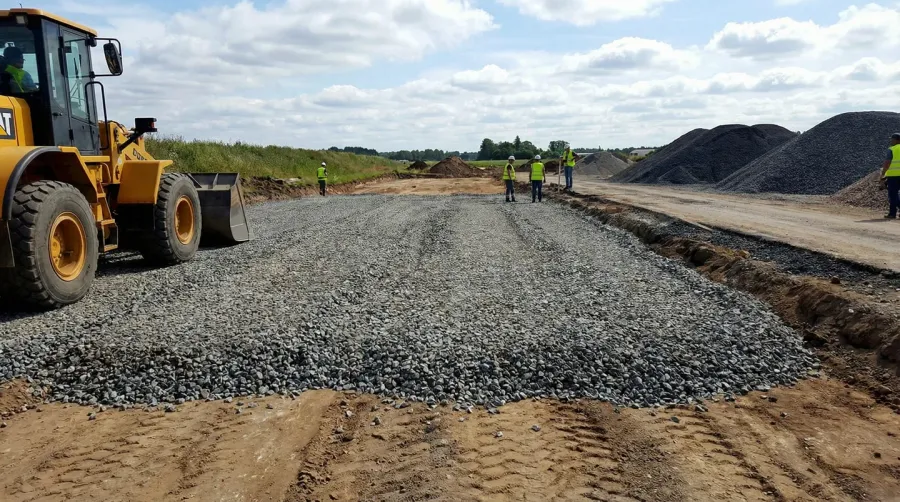 Road base gravel material on construction site foundation