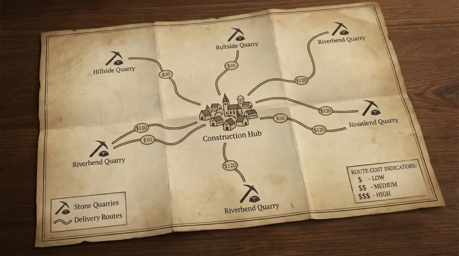 Map showing stone quarries and delivery routes with cost indicators