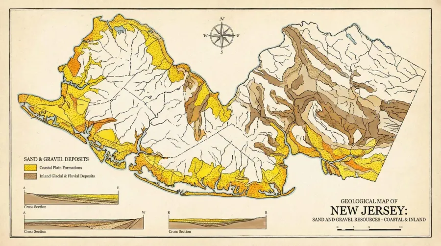 New Jersey geological map showing sand and gravel deposits across different regions with coastal areas and inland formations highlighted