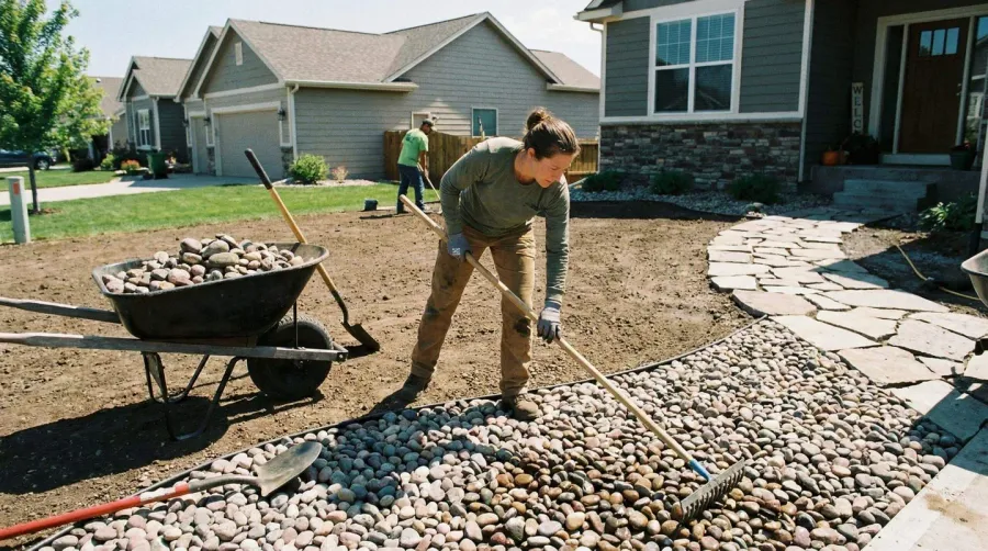 Landscaper spreading river rock with tools