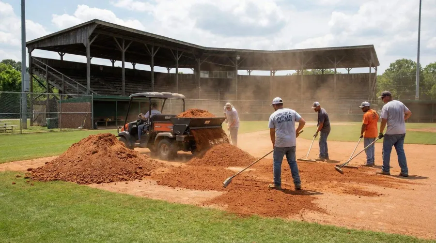 Virginia infield mix being applied to a baseball field with workers spreading the material