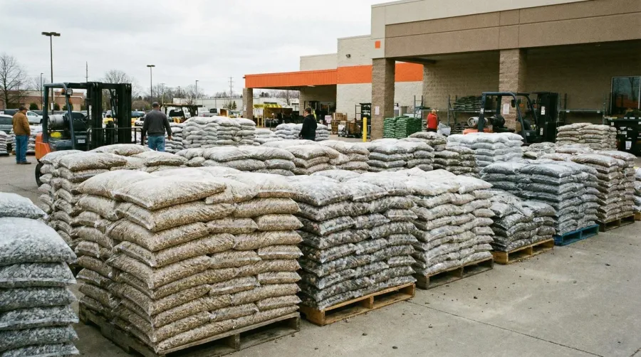 Bags of gravel stacked at home improvement store
