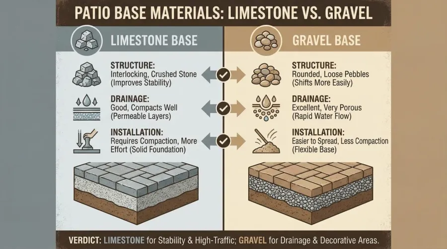 Comparison chart showing limestone versus gravel materials for patio base