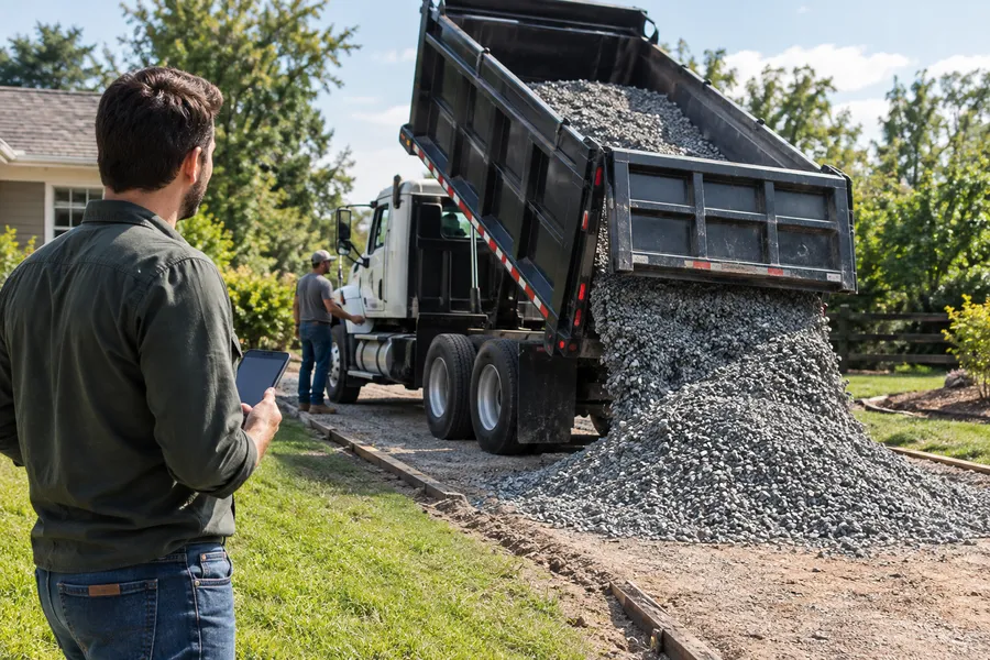 Dump truck unloading gravel onto a residential driveway