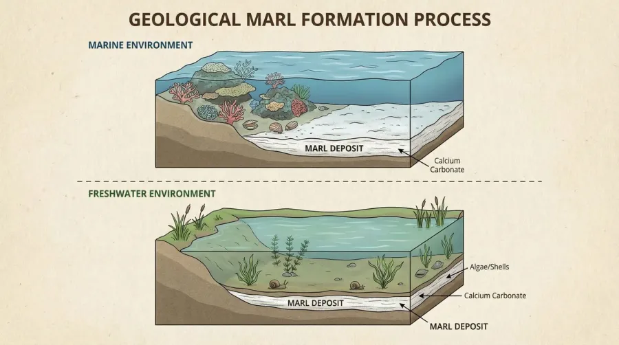 Marl formation diagram showing marine and freshwater environments