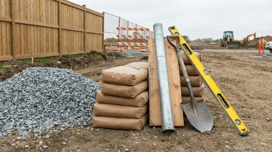 Layout of flagpole installation materials including crushed stone, concrete bags, ground sleeve, and installation tools