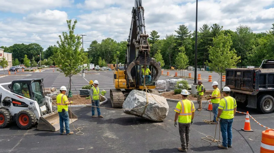 Professional boulder installation in parking lot