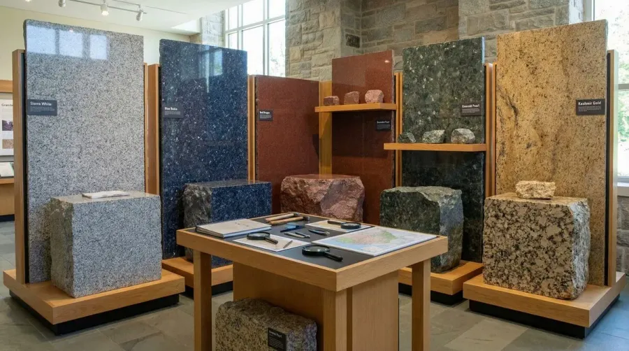 Display of various granite rock types showing different colors and textures