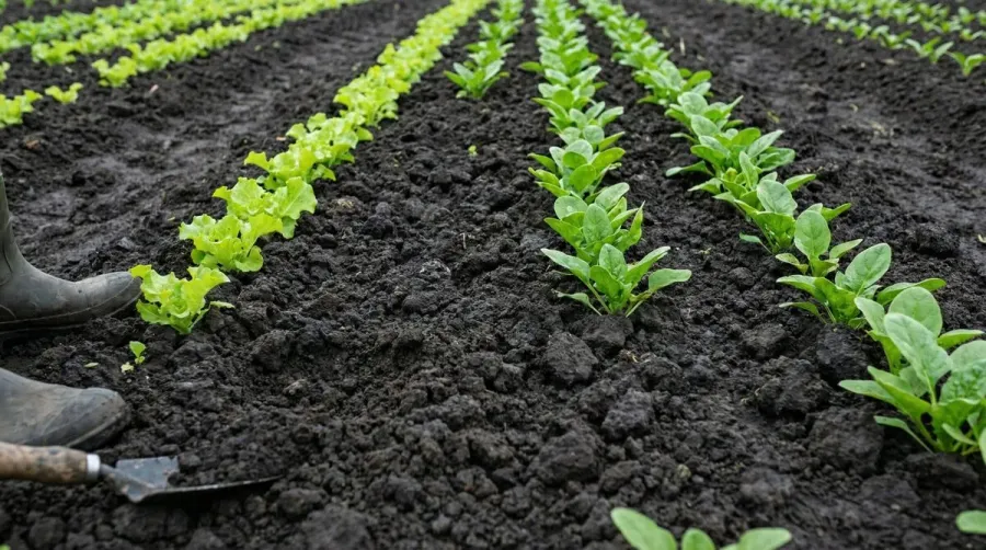 Dark rich muck soil in agricultural field with healthy plants growing