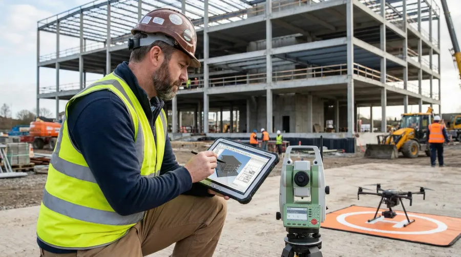 modern contractor working on tablet at construction site with digital tools