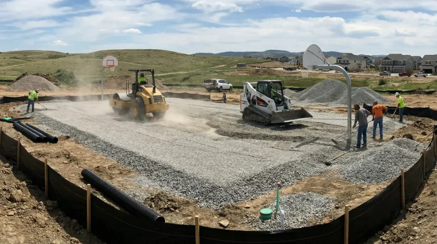 Gravel basketball court base installation compaction process