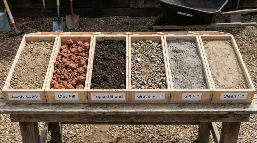 Different types of fill dirt samples displayed side by side showing texture differences