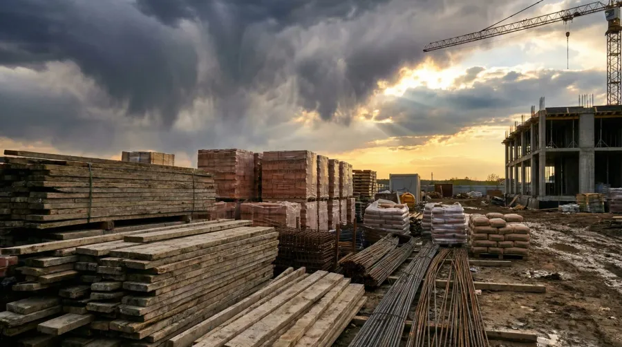 Construction materials stacked at a job site with dramatic sky in background