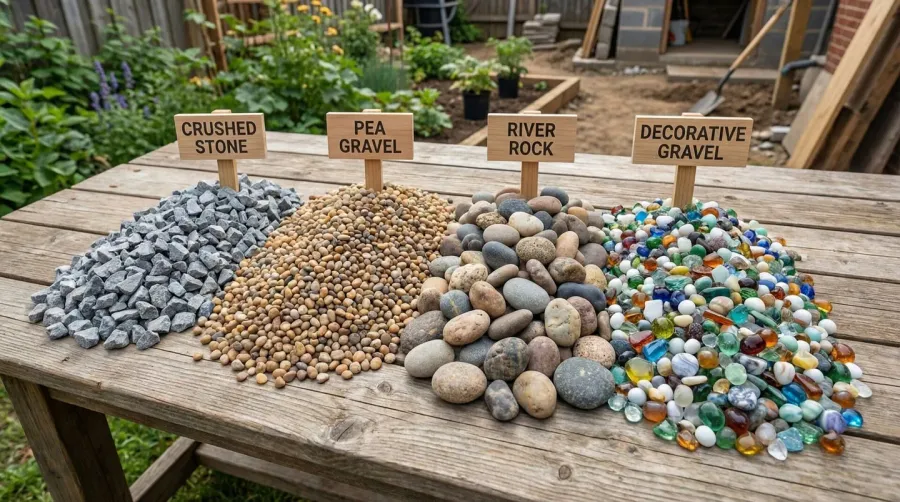 Different types of gravel stones displayed side by side showing crushed stone, pea gravel, river rock, and decorative gravel varieties for landscaping and construction