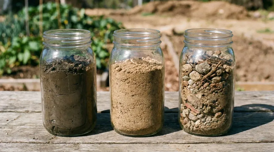 Different types of fill dirt showing clay, sand, and mixed soil samples