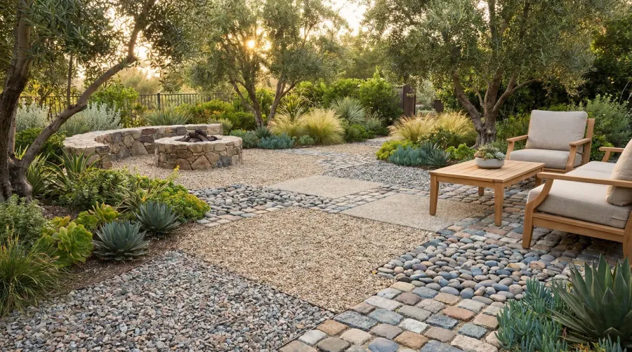 Gravel patio with various stone types for calculator guide