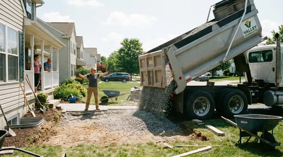 gravel delivery truck arriving at residential property with bags of gravel